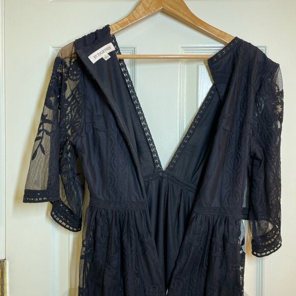 By Together Black Lace Dress Maxi Deep V-Neck Lace 3/4 Sleeve Small - Picture 4 of 6